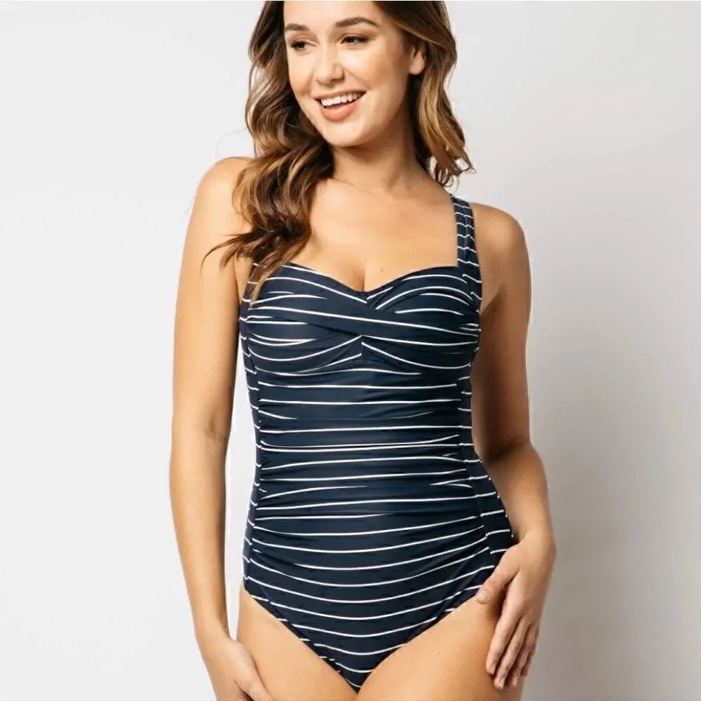 Nip Tuck Capri Stripe Twist Front Multifit One Piece Navy White Swimsuit M